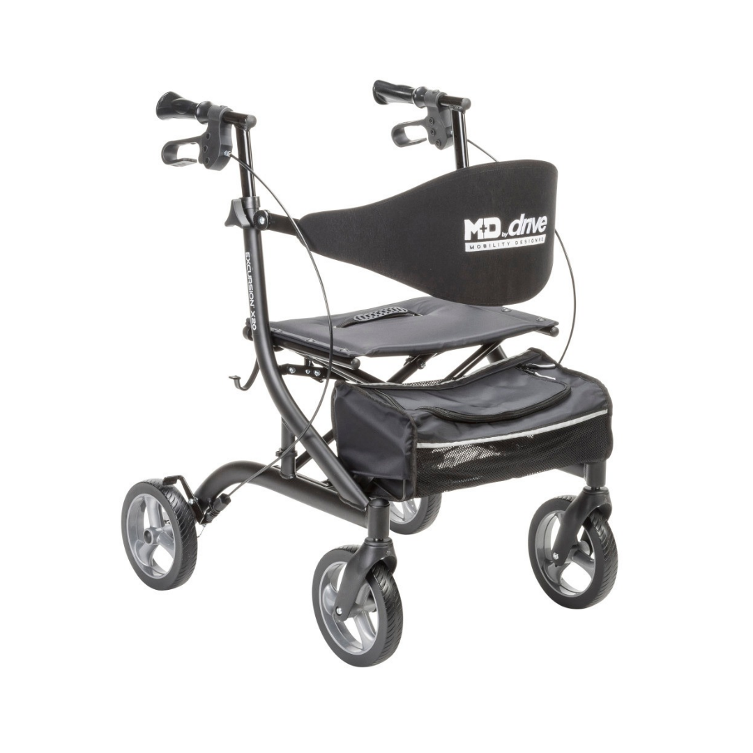Black Drive MD Excursion X20 Portable Rollator with a padded seat, backrest, and under-seat storage pouch.