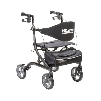 Black Drive MD Excursion X20 Portable Rollator with a padded seat, backrest, and under-seat storage pouch.