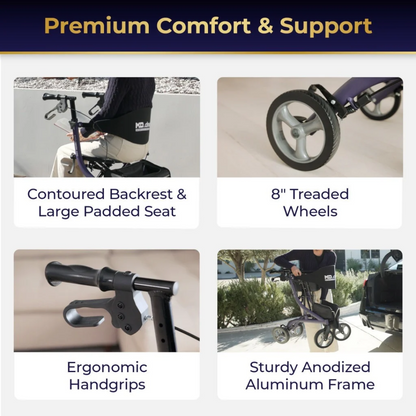 A person sits on a Drive MD Excursion X20 Portable Rollator, with close-ups of the wheel and handgrip, and a person folding the portable rollator to place it in a car trunk.
