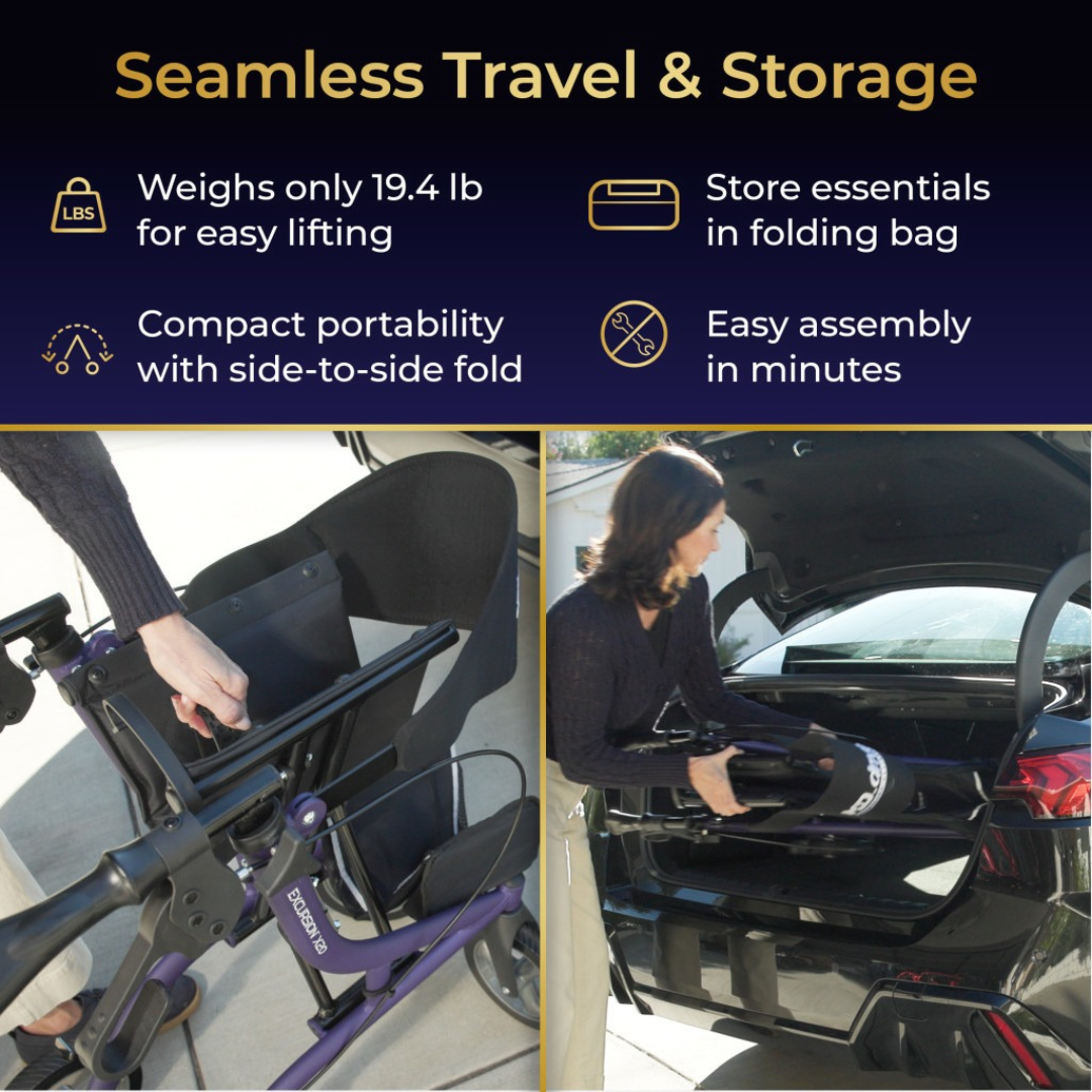 A split-screen view of the Drive MD Excursion X20 Portable Rollator being folded and placed into a car trunk, with text highlighting its 19.4-pound weight, storage bag, side-to-side folding mechanism, and easy assembly.