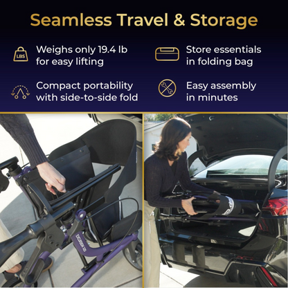 A split-screen view of the Drive MD Excursion X20 Portable Rollator being folded and placed into a car trunk, with text highlighting its 19.4-pound weight, storage bag, side-to-side folding mechanism, and easy assembly.