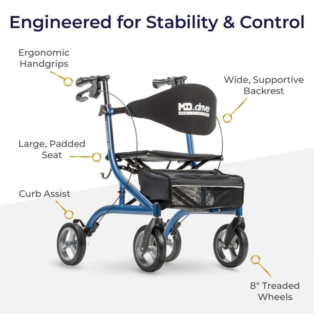 Blue Drive MD Excursion X20 Portable Rollator with four treaded wheels, a padded seat, backrest, and under-seat storage bag, with callouts pointing to its handgrips, seat, curb assist, backrest, and wheels.