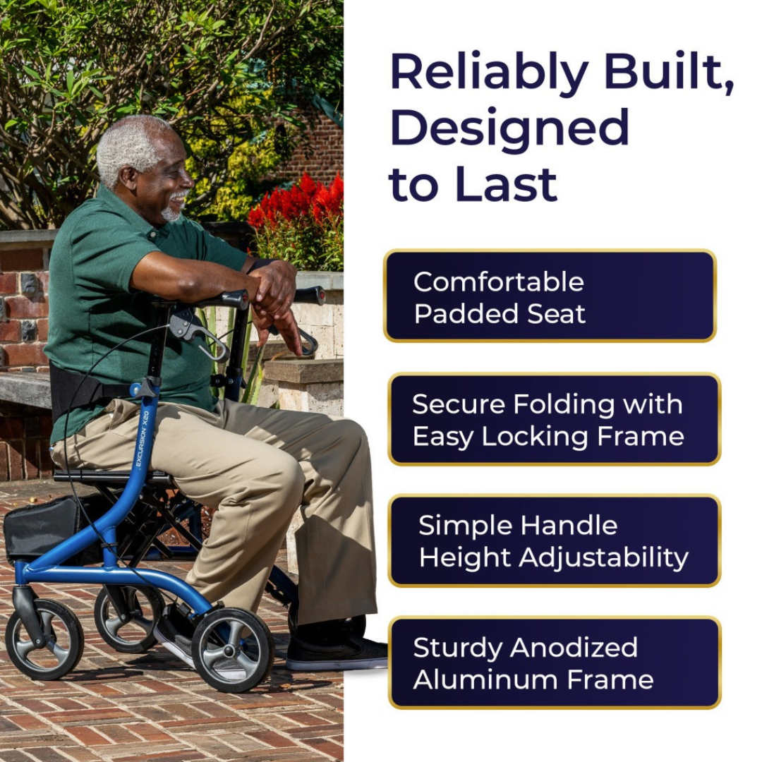 An elderly man sits outdoors on a blue Drive MD Excursion X20 Portable Rollator, a four-wheeled mobility aid featuring a padded seat, folding aluminum frame, and adjustable handles.