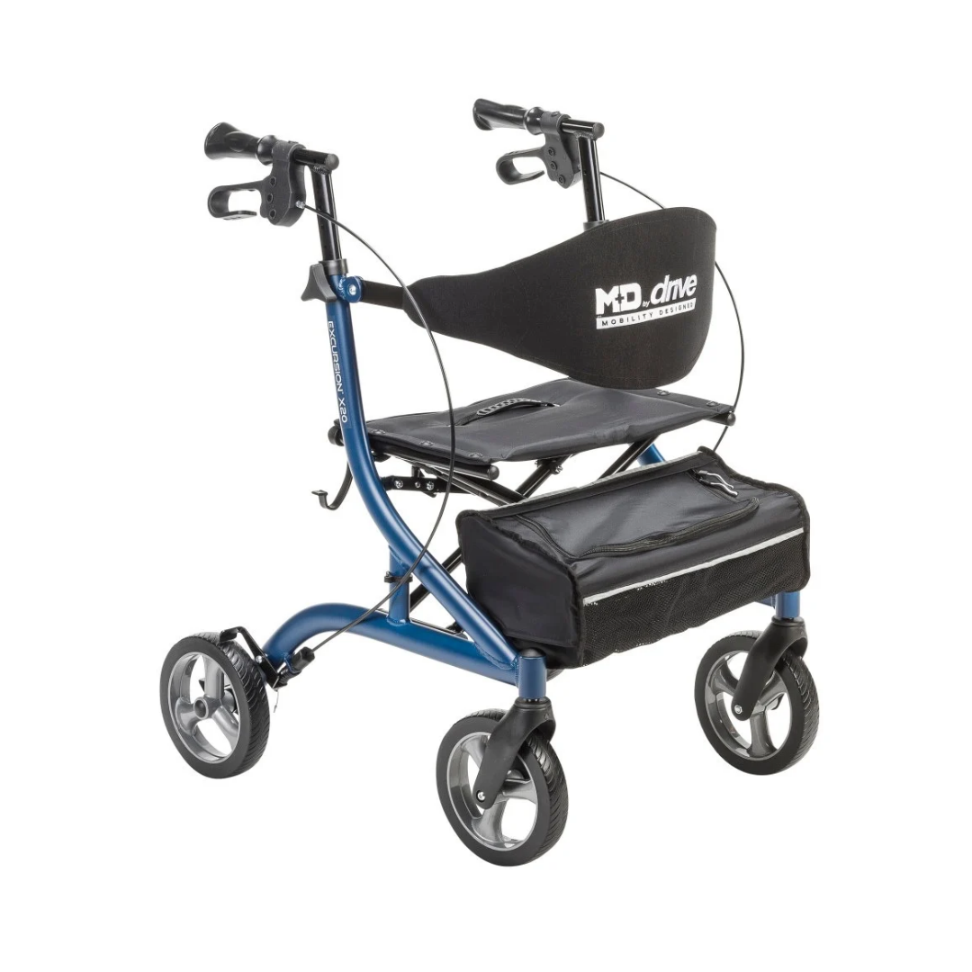 Blue Drive MD Excursion X20 portable rollator with four wheels, a seat, a backrest, and a zippered storage pouch attached to the front.