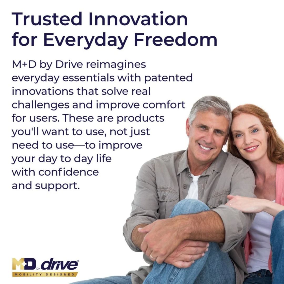 A smiling middle-aged man and woman sit together next to text promoting the Drive MD Excursion X20 Portable Rollator, designed for mobility and confidence.