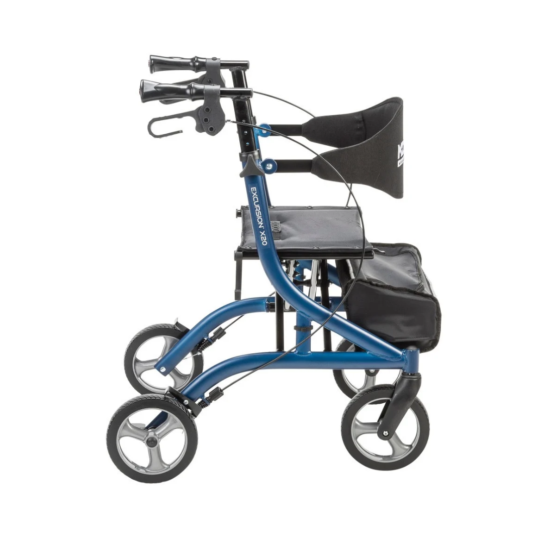Blue Drive MD Excursion X20 Portable Rollator with four wheels, a seat, backrest, and storage pouch.