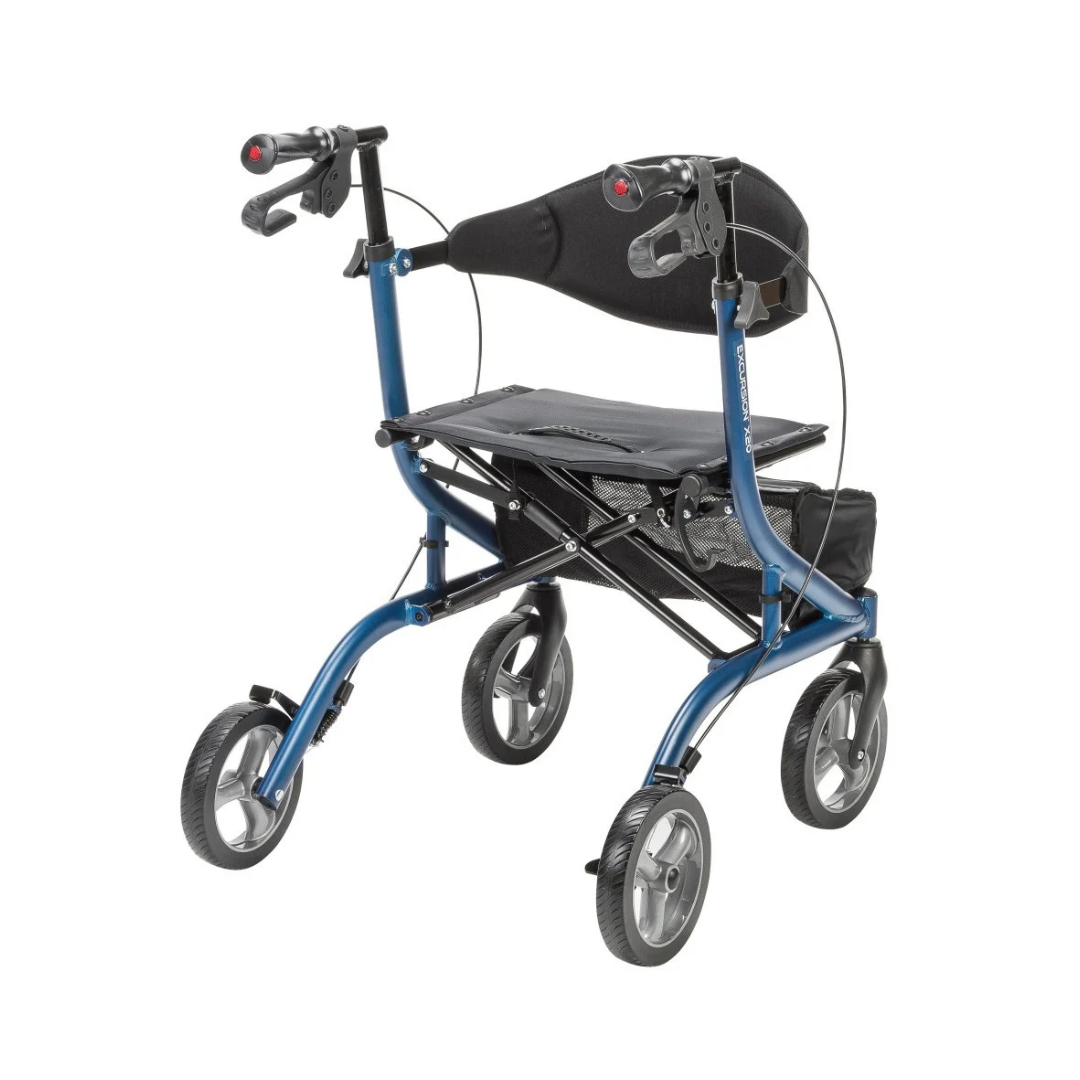 Blue Drive MD Excursion X20 Portable Rollator with a padded seat, backrest, hand brakes, and a storage pouch under the seat.