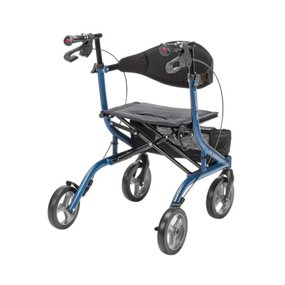 Blue Drive MD Excursion X20 Portable Rollator with a padded seat, backrest, hand brakes, and a storage pouch under the seat.
