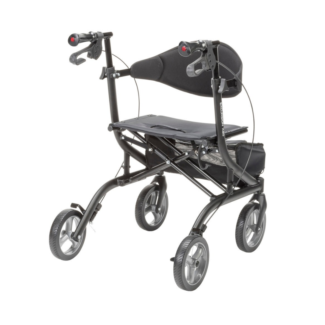 Black Drive MD Excursion X20 Portable Rollator with four wheels, a padded seat, backrest, and handbrakes.