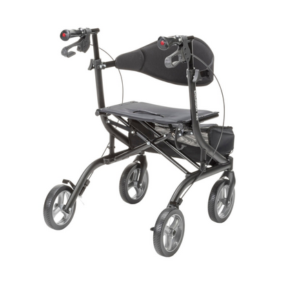 Black Drive MD Excursion X20 Portable Rollator with four wheels, a padded seat, backrest, and handbrakes.