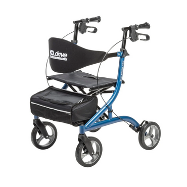 Blue Drive MD Excursion X20 Portable Rollator with a black seat, a backrest, adjustable handlebars, and a front storage pouch.