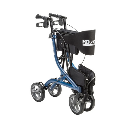 Blue Drive MD Excursion X20 Portable Rollator with a black seat, backrest, and storage pouch.