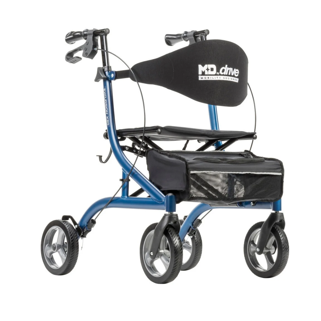 Blue Drive MD Excursion X20 portable rollator with a padded backrest, a seat, and a storage pouch under the seat.