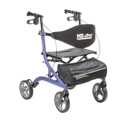 Purple Drive MD Excursion X20 Portable Rollator four-wheeled walker with a padded seat, a backrest, and a black storage pouch attached to the front.