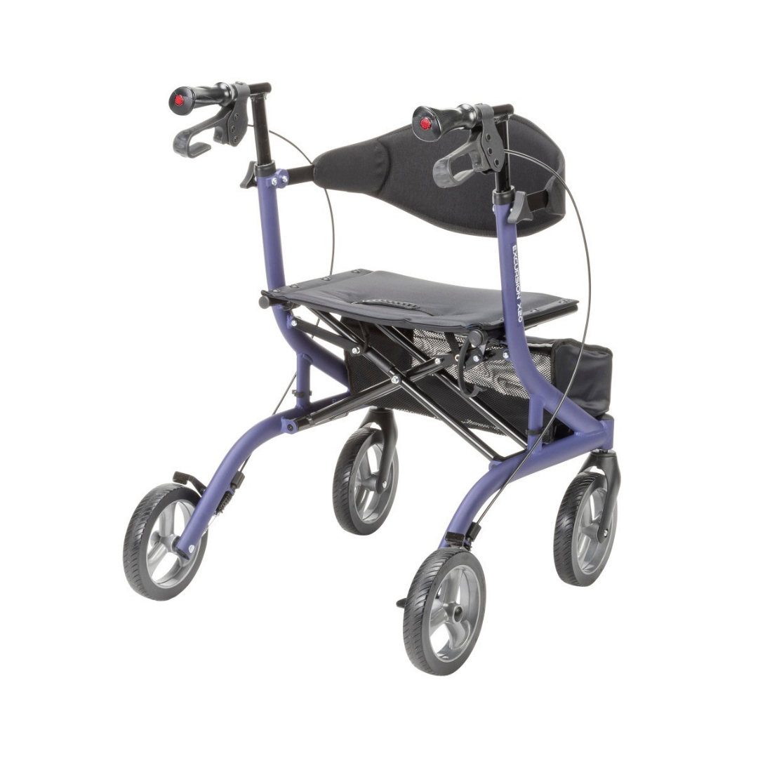 A purple Drive MD Excursion X20 Portable Rollator, a four-wheeled mobility aid featuring a black seat, backrest, and storage pouch.