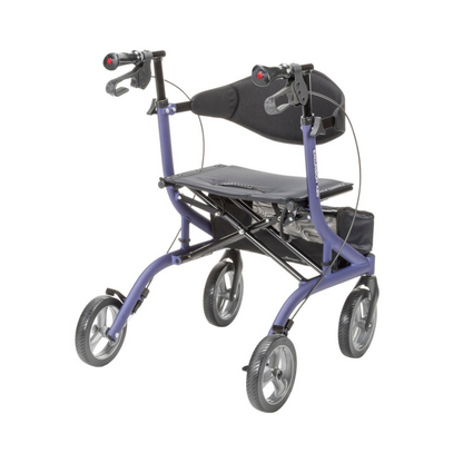 A purple Drive MD Excursion X20 Portable Rollator, a four-wheeled mobility aid featuring a black seat, backrest, and storage pouch.