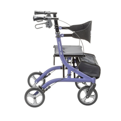 Side view of a purple Drive MD Excursion X20 Portable Rollator, featuring four wheels, a seat, a backrest, and an under-seat storage bag.