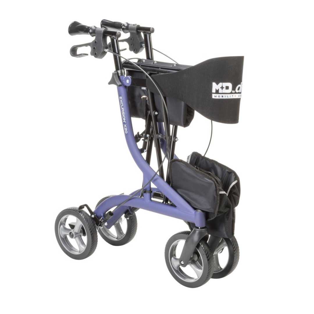A purple Drive MD Excursion X20 Portable Rollator featuring a black backrest, storage pouch, and hand brakes.