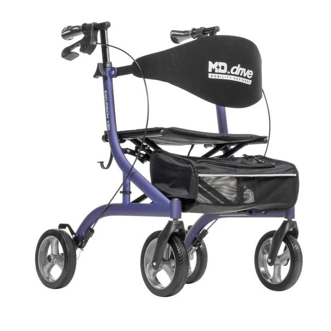 Purple Drive MD Excursion X20 Portable Rollator with a padded seat, backrest, and an under-seat storage pouch.