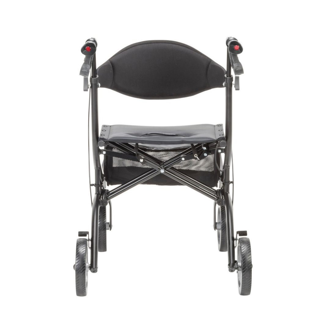 Black Drive MD Excursion X20 Portable Rollator with a padded seat, backrest, and under-seat storage pouch, viewed from behind.