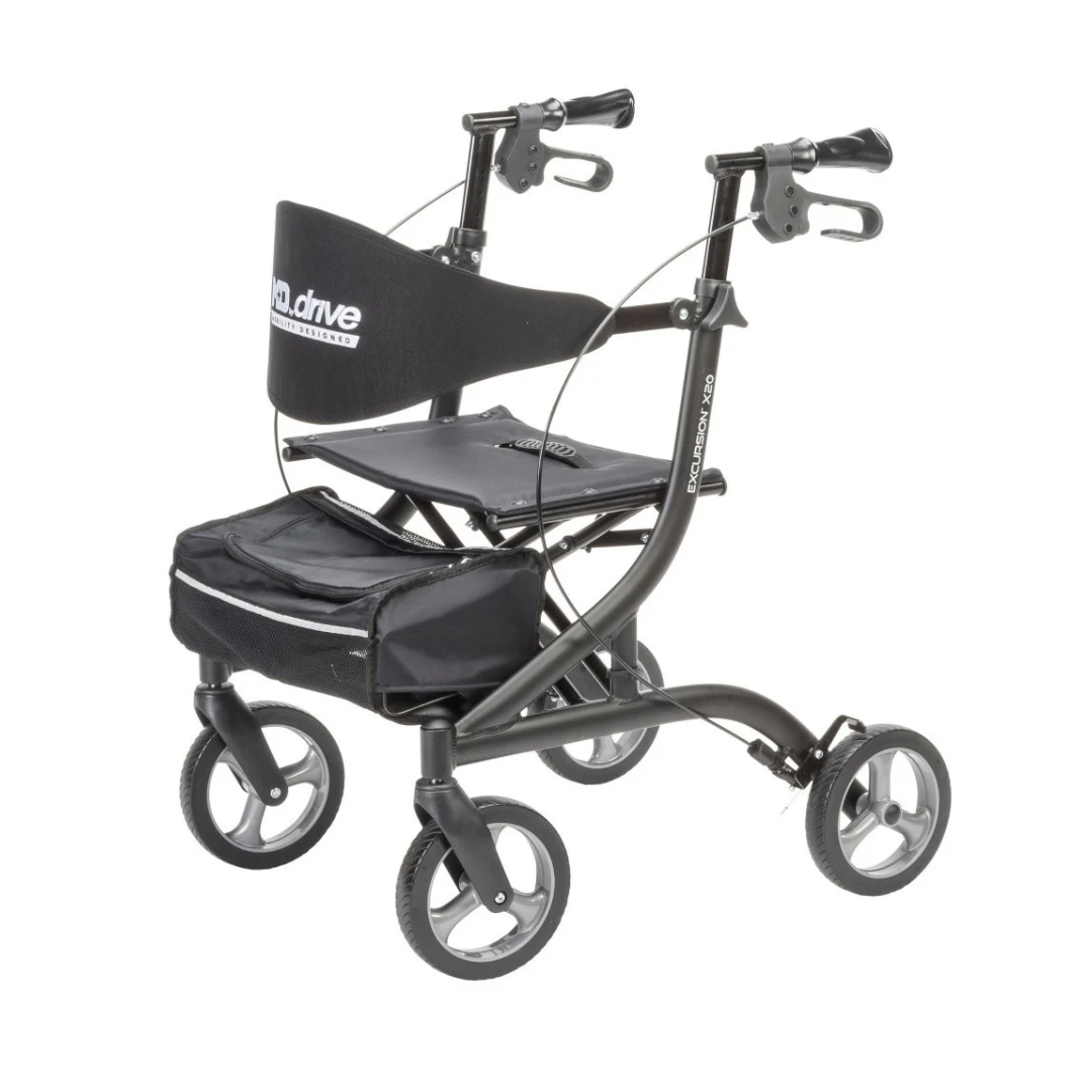Black Drive MD Excursion X20 Portable Rollator with four wheels, a seat, backrest, and under-seat storage pouch.