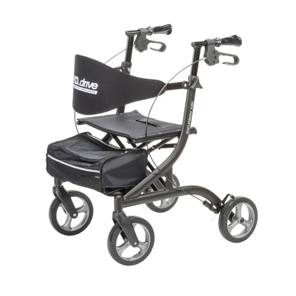 Black Drive MD Excursion X20 Portable Rollator with four wheels, a seat, backrest, and under-seat storage pouch.