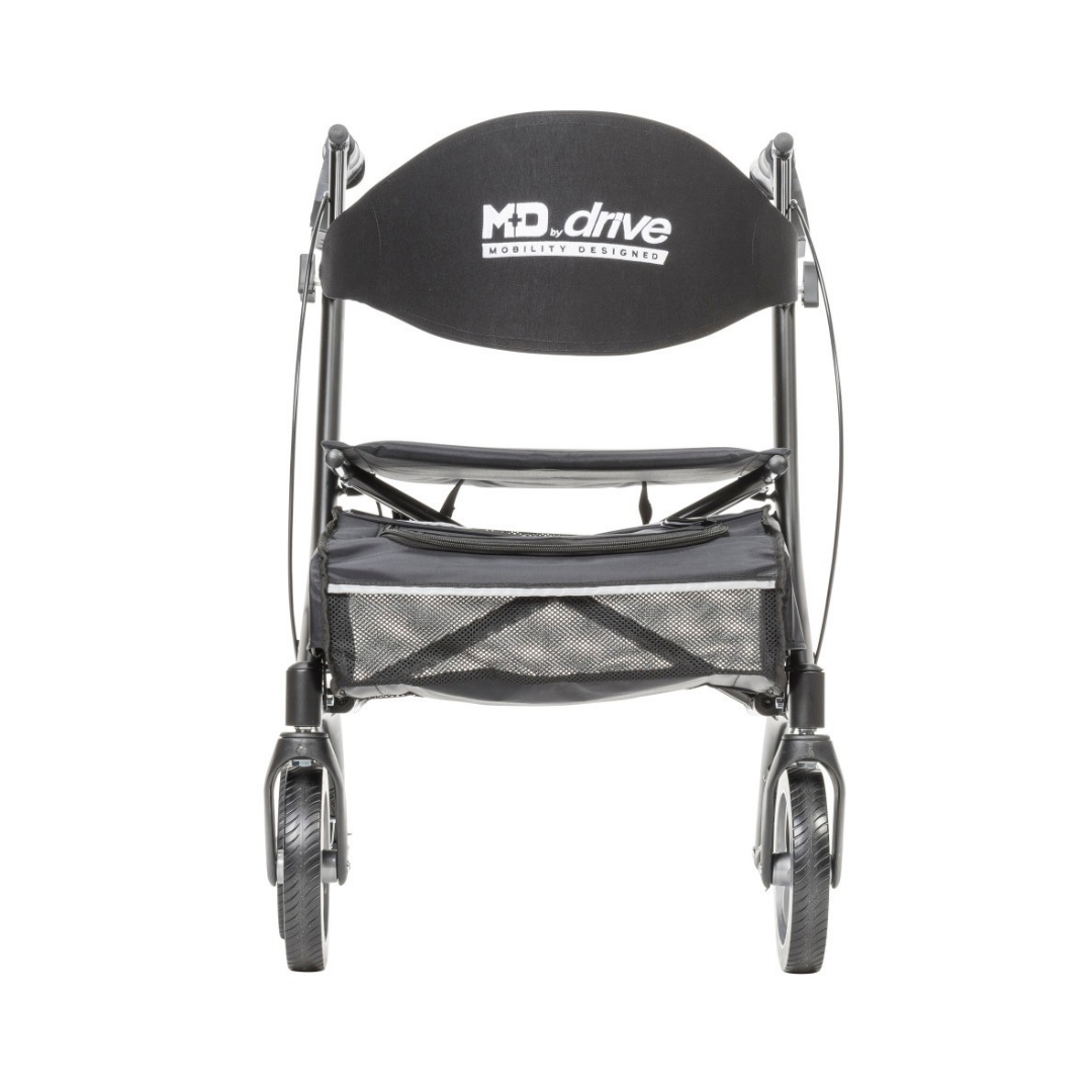 Black Drive MD Excursion X20 Portable Rollator four-wheeled walker featuring a mesh storage pouch under the seat and a curved backrest.