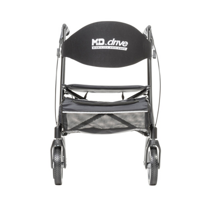 Black Drive MD Excursion X20 Portable Rollator four-wheeled walker featuring a mesh storage pouch under the seat and a curved backrest.
