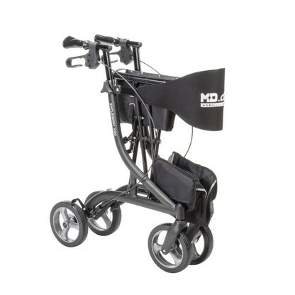 A black, four-wheeled Drive MD Excursion X20 folding rollator featuring a backrest and an under-seat storage bag.