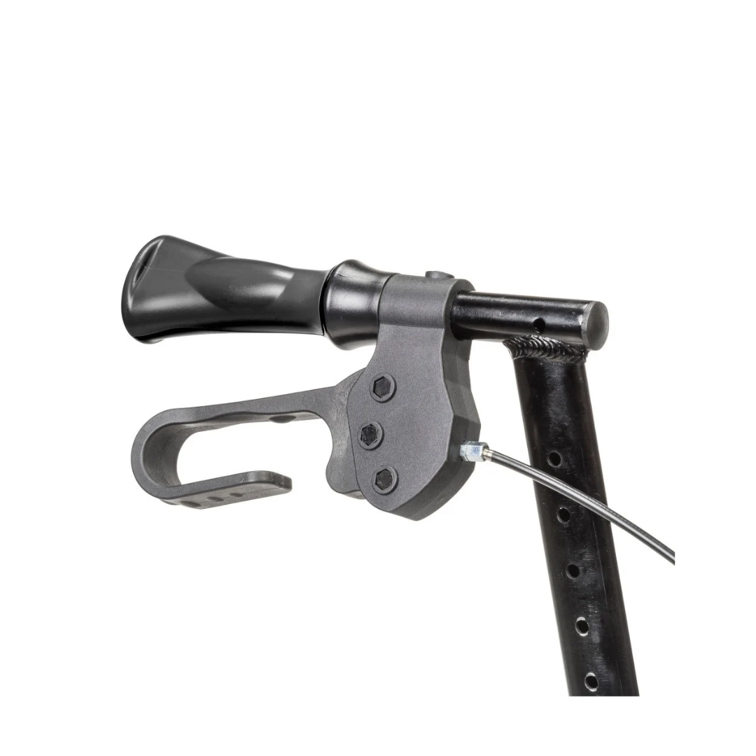 Close-up of a Drive MD Excursion X20 Portable Rollator handle featuring a black grip, a loop-style hand brake lever, and a metal brake cable attached to an adjustable upright frame.