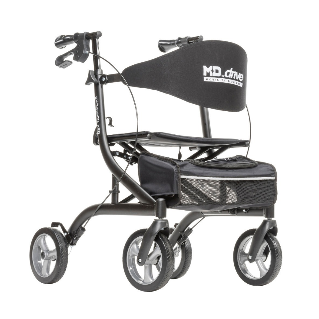 Black Drive MD Excursion X20 Portable Rollator with four wheels, a padded seat, a backrest, and a mesh storage pouch under the seat.