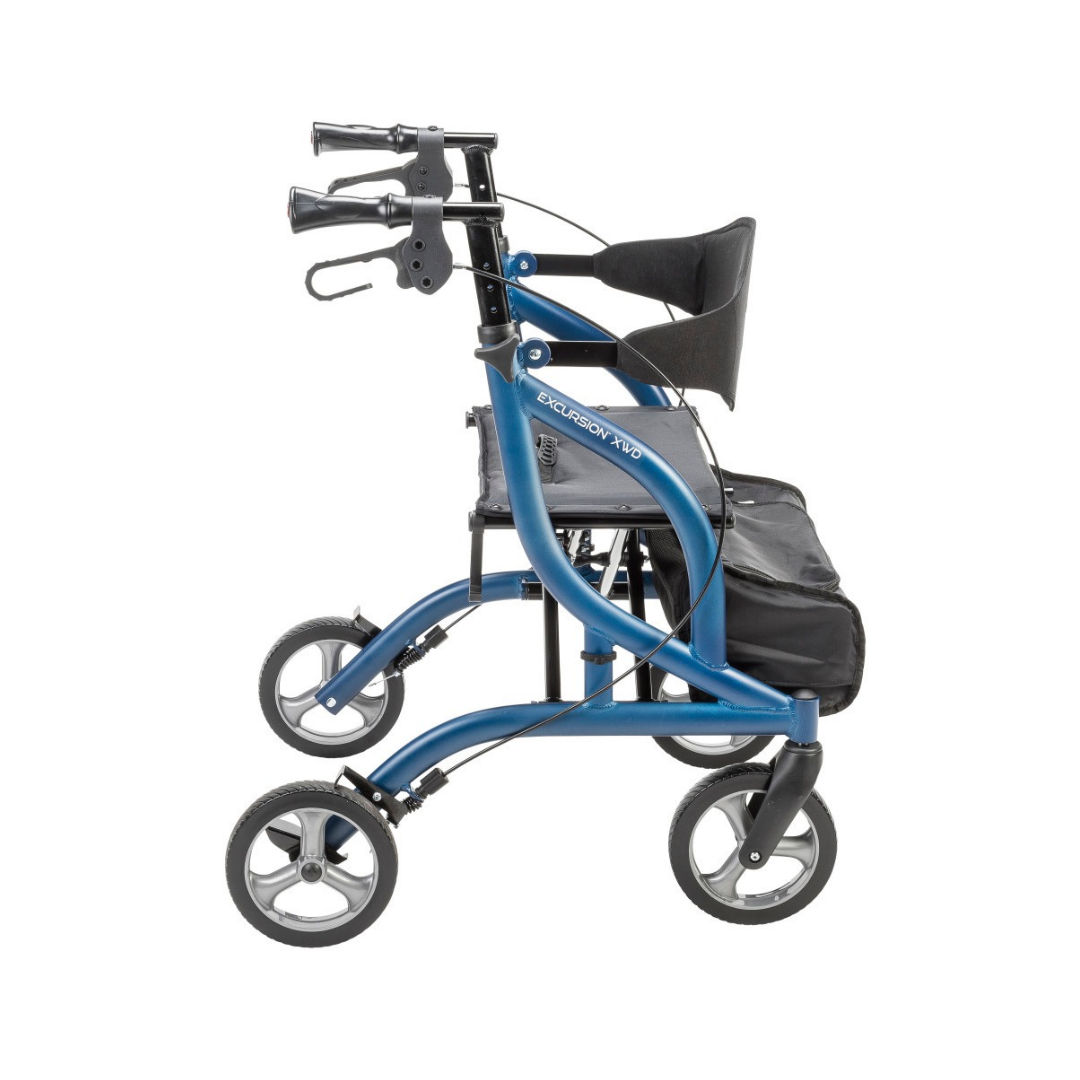 Blue Drive MD Excursion XWD Bariatric Rollator with a seat, backrest, and storage pouch.