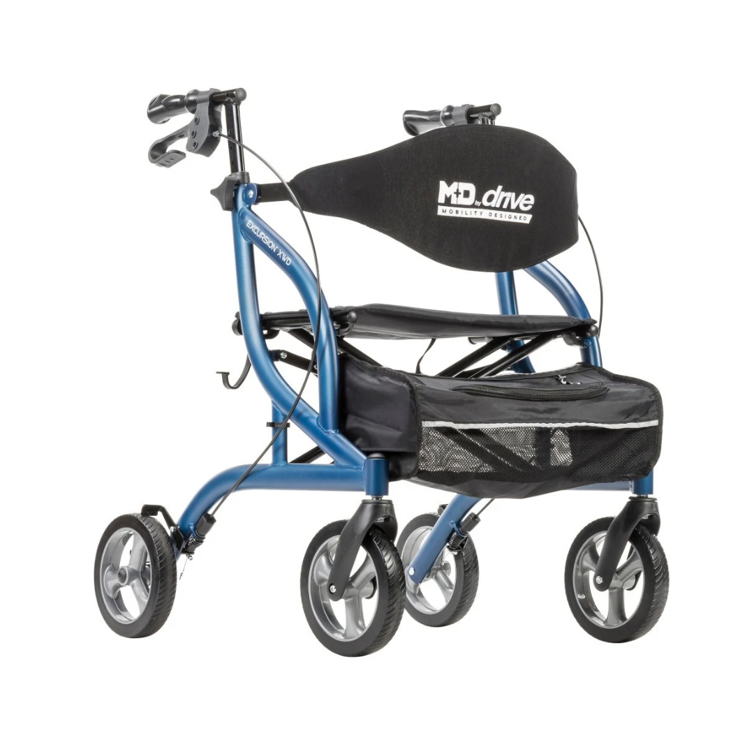 Blue Drive MD Excursion XWD Bariatric Rollator with four wheels, a padded seat, a backrest, and a front storage pouch.