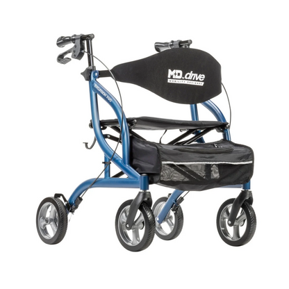 Blue Drive MD Excursion XWD Bariatric Rollator with four wheels, a padded seat, a backrest, and a front storage pouch.