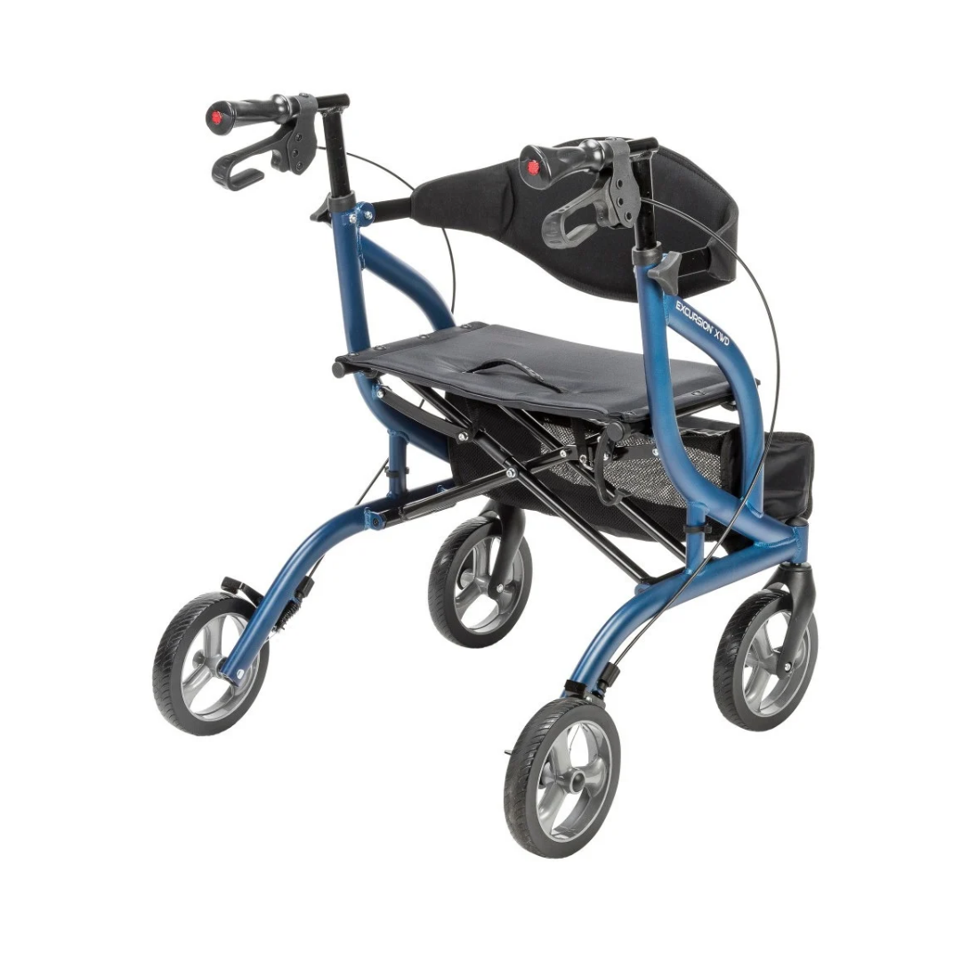 Rear three-quarter view of a blue Drive MD Excursion XWD Bariatric Rollator with a black seat, backrest, and under-seat storage pouch.