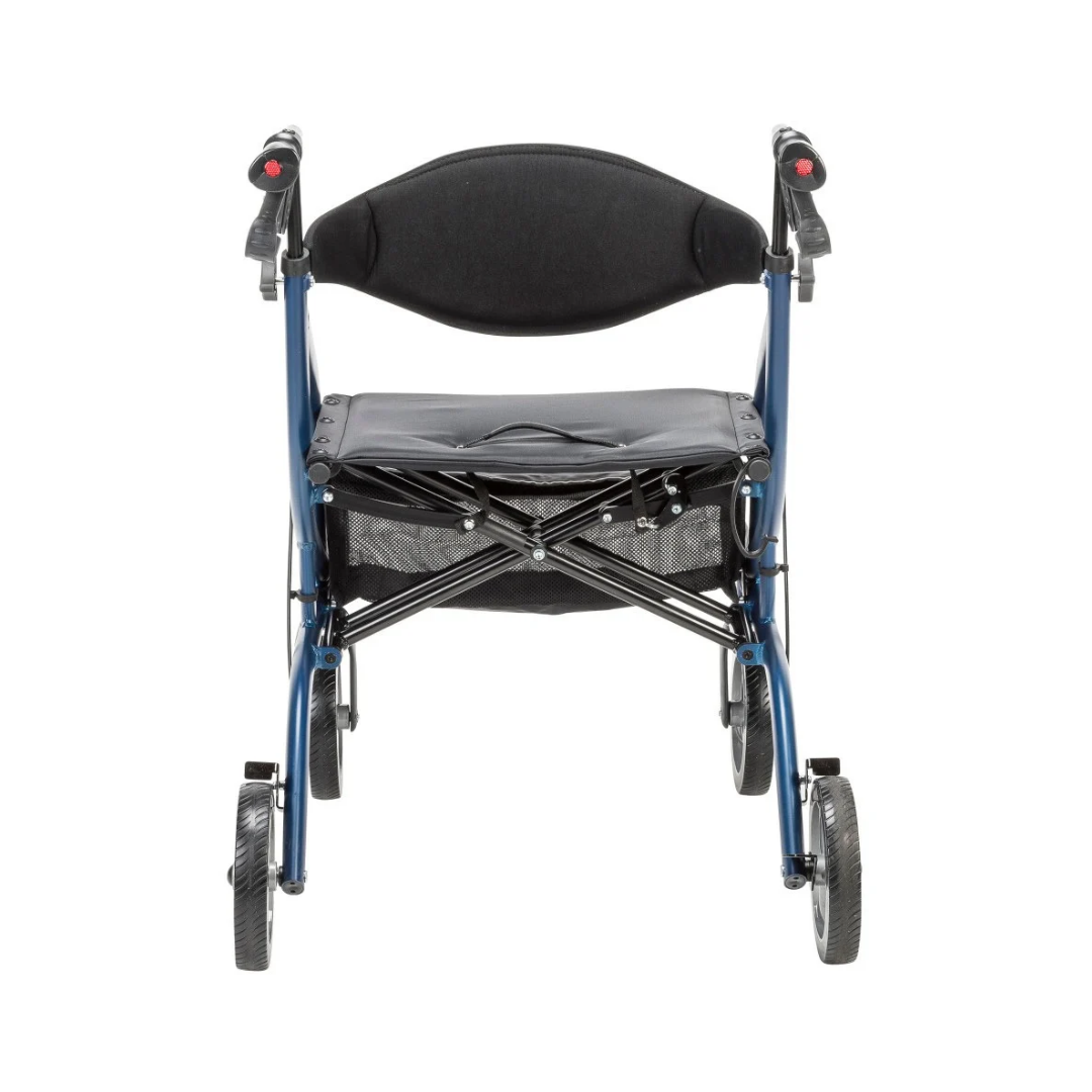 Blue Drive MD Excursion XWD Bariatric Rollator with a black seat, backrest, and under-seat storage pouch.