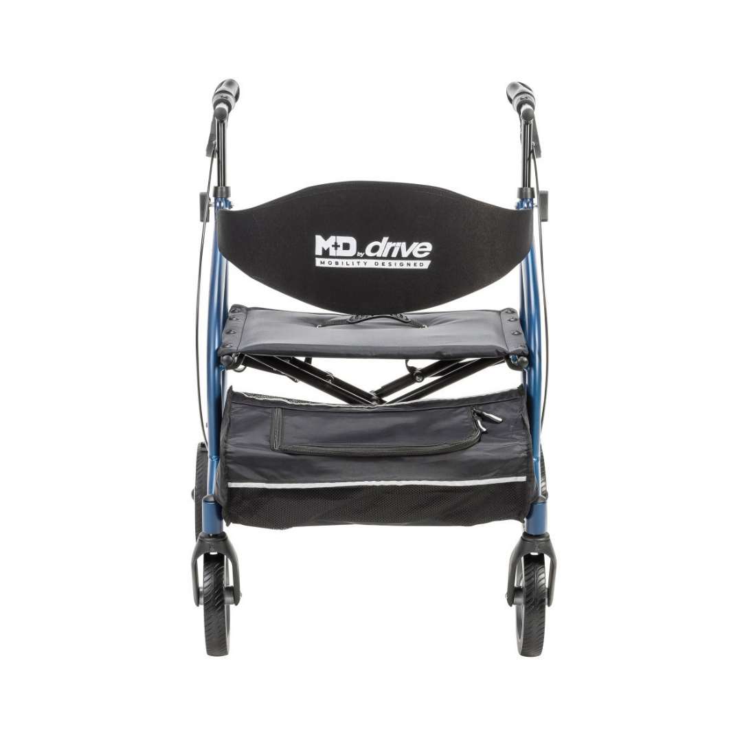 Blue Drive MD Excursion XWD Bariatric Rollator with four wheels, a padded seat, a backrest, and an under-seat storage pouch.