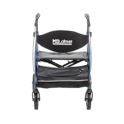 Blue Drive MD Excursion XWD Bariatric Rollator with four wheels, a padded seat, a backrest, and an under-seat storage pouch.