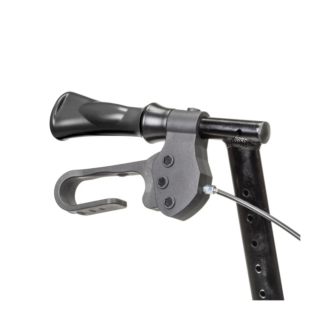 Black handgrip of a Drive MD Excursion XWD Bariatric Rollator, featuring an attached squeeze-style brake lever and cable.