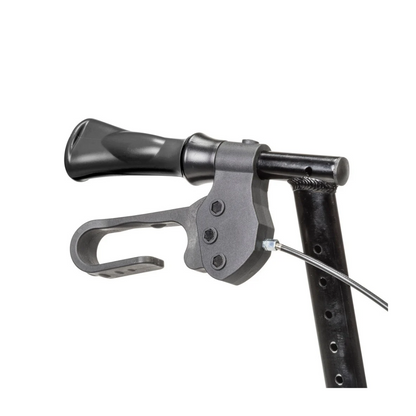 Black handgrip of a Drive MD Excursion XWD Bariatric Rollator, featuring an attached squeeze-style brake lever and cable.
