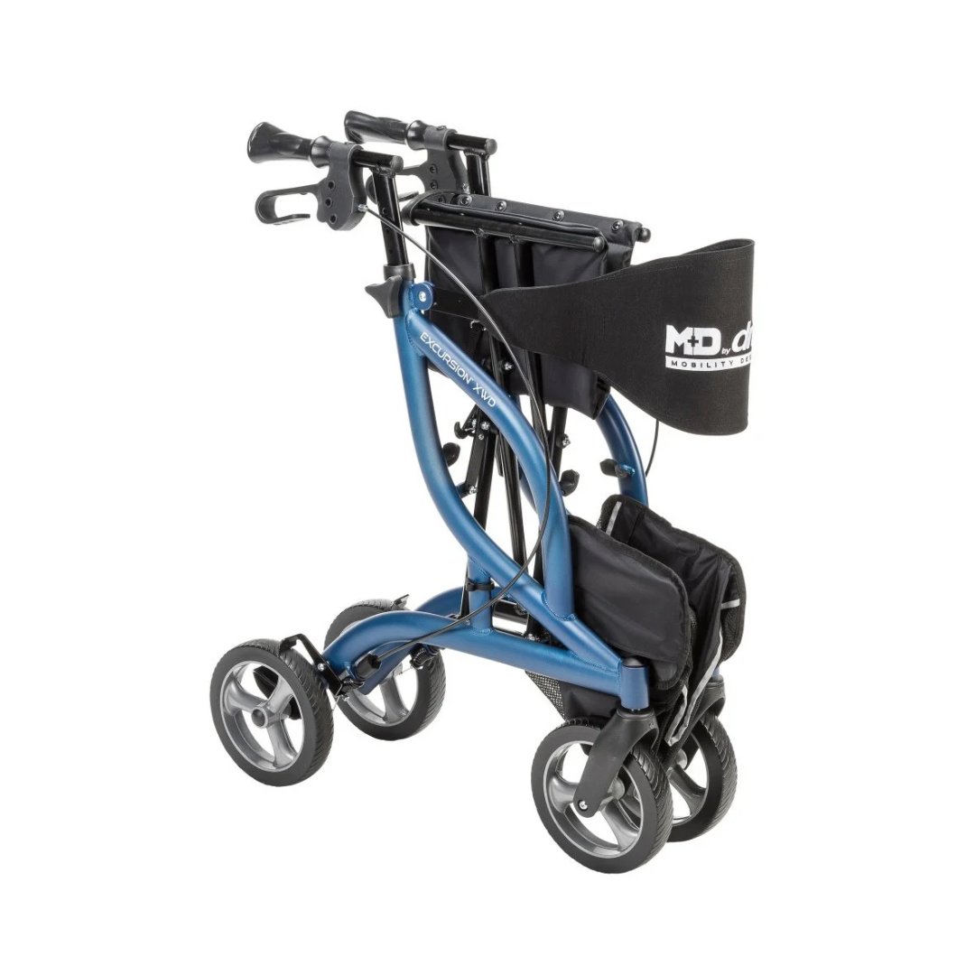 Blue Drive MD Excursion XWD Bariatric Rollator folded for storage with four wheels and a backrest strap.