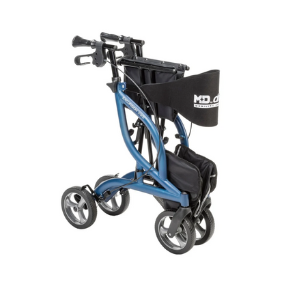 Blue Drive MD Excursion XWD Bariatric Rollator folded for storage with four wheels and a backrest strap.