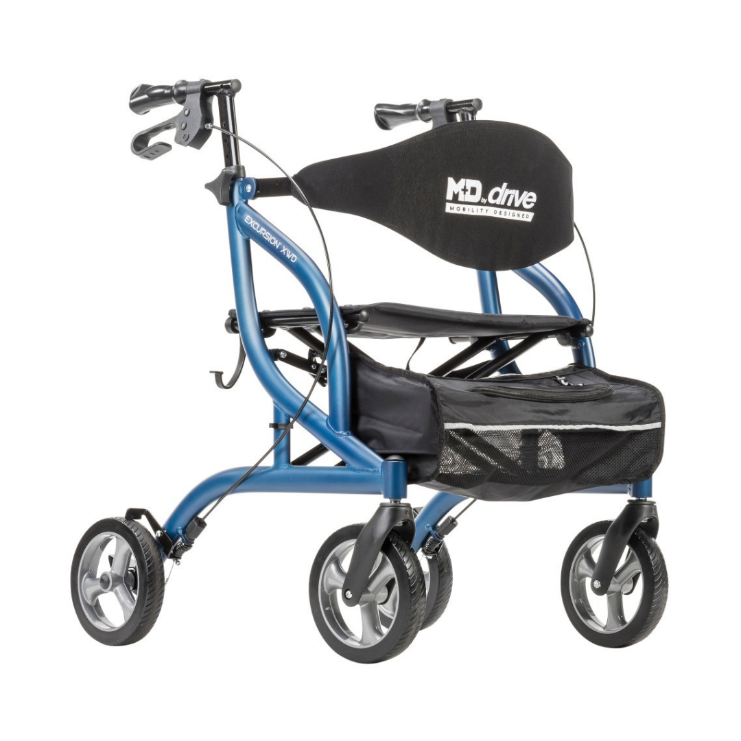 Blue Drive MD Excursion XWD Bariatric Rollator with a padded backrest, seat, and a storage pouch attached to the front.