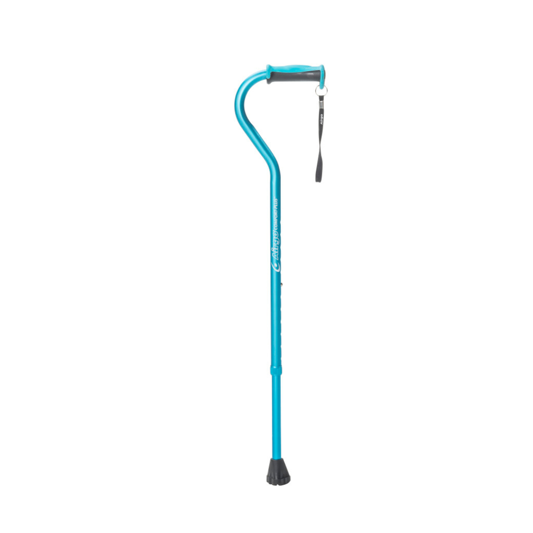 The Drive Airgo Comfort-Plus Aluminum Cane with Offset Handle is a blue metal mobility aid featuring ergonomic support, a cushioned handle, a wrist strap, and a black rubber tip for stability.