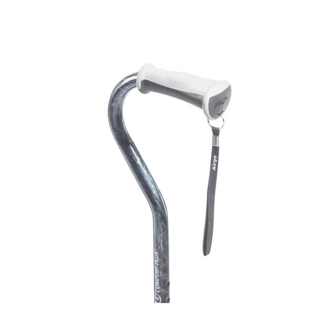 The Drive Airgo Comfort-Plus Aluminum Cane with Offset Handle is a silver mobility aid, featuring a cushioned white handle and black wrist strap, displayed against a plain white background.