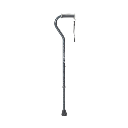 The Drive Airgo Comfort-Plus Aluminum Cane with Offset Handle, featuring a black finish, wrist strap, and rubber tip, stands upright against a white background—ideal for everyday mobility support.