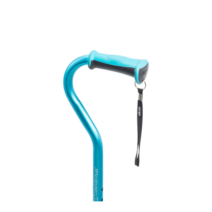 The Drive Airgo Comfort-Plus Aluminum Cane with Offset Handle is a blue arthritis cane with a curved handle and black wrist strap, shown on a white background. This mobility aid provides comfort and support for daily walking.