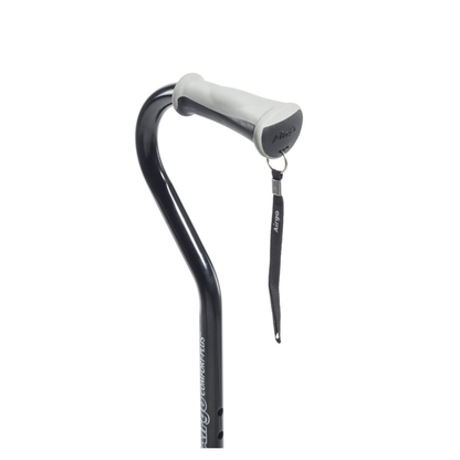 The Drive Airgo Comfort-Plus Aluminum Cane with Offset Handle is a black cane featuring a gray cushioned handle and black wrist strap, designed for daily mobility support and comfort.