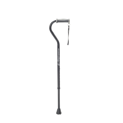 The Drive Airgo Comfort-Plus Aluminum Cane with Offset Handle is a black, height-adjustable mobility aid featuring a cushioned handle, rubber tip, and wrist strap. It stands upright against a white background.