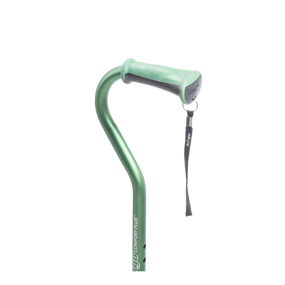 The Drive Airgo Comfort-Plus Aluminum Cane with Offset Handle features a green finish, cushioned comfort-plus handle, attached wrist strap, and "COMFORT+ PLUS" printed on the shaft, shown against a white background.